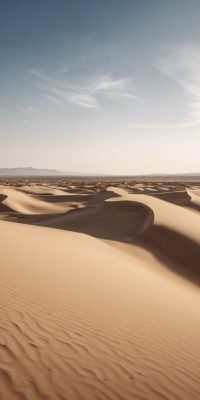 A landscape shot of a beautiful desert featuring rolling sand dunes and a clear blue sky.